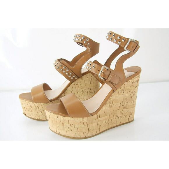 Miu Miu Brown Leather Studded Platform Wedge Sandals - Picture 4 of 12